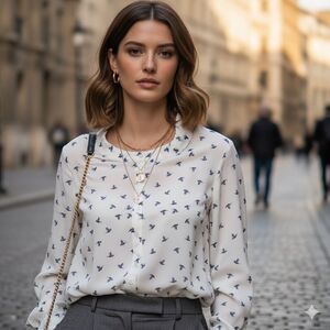 & Other Stories Bird Print Long Sleeve Button Up Shirt Blouse Size 4 in White